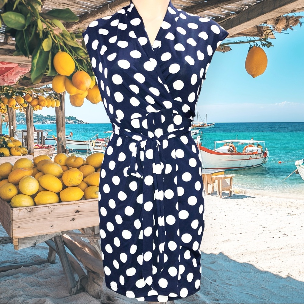 Miss Moly Womens Retro 50s Blue/ White Polka Dot Dress Wrap Front with Tie Sz XS